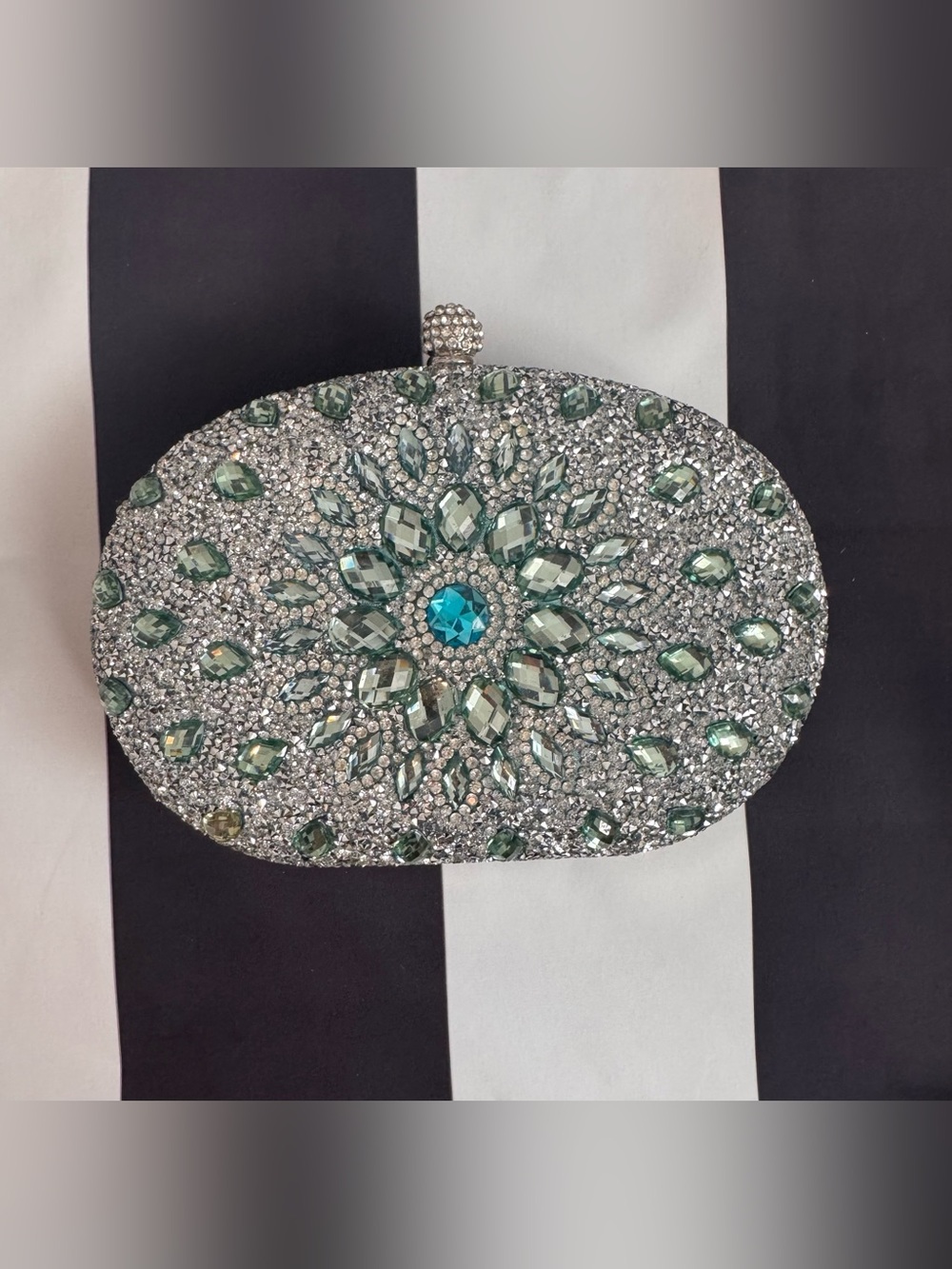 Silver and Green Jeweled Evening Clutch - Picture 2 of 7
